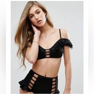 ASOS black Neoprene Frill Lattice Bardot Dot Mesh Bikini 2/4
